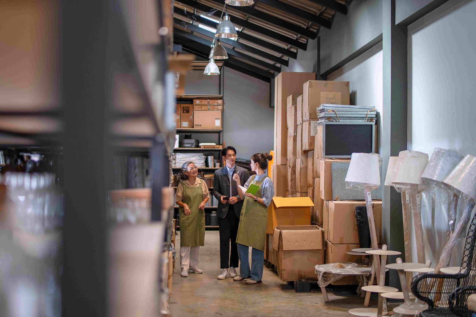 Furniture staged and stored neatly inside a storage facility